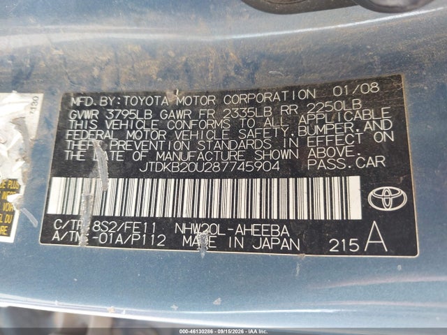 Aukcja sprzedaży 2008 Toyota Prius, vin: JTDKB20U287745904, numer aukcji: 46130286