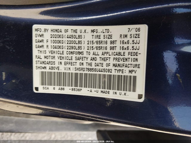 46130304 :رقم المزاد ، SHSRD78856U445092 vin ، 2006 Honda Cr-v Ex مزاد بيع