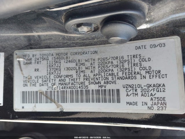 46130310 :رقم المزاد ، JTEZT14RX40014535 vin ، 2004 Toyota 4runner Sr5 V8 مزاد بيع