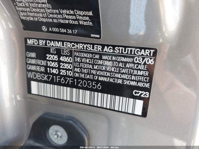 Aukcja sprzedaży 2007 Mercedes-benz Sl 550, vin: WDBSK71F67F120356, numer aukcji: 46130312