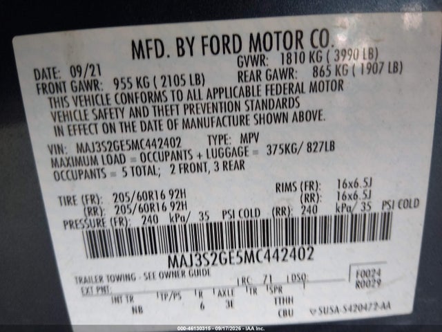 2021 Ford Ecosport Se მანქანა იყიდება აუქციონზე, vin: MAJ3S2GE5MC442402, აუქციონის ნომერი: 46130315