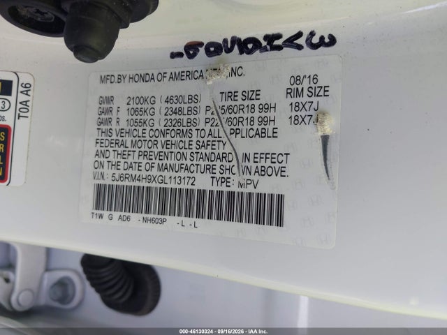 Продаж на аукціоні авто 2016 Honda Cr-v Touring, vin: 5J6RM4H9XGL113172, номер лоту: 46130324