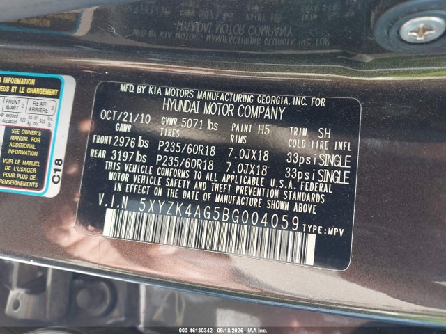 46130342 :رقم المزاد ، 5XYZK4AG5BG004059 vin ، 2011 Hyundai Santa Fe Limited V6 مزاد بيع