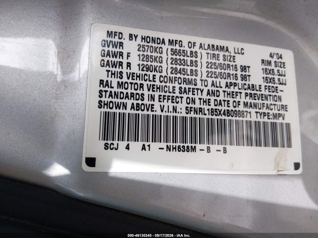 Продажа на аукционе авто 2004 Honda Odyssey Lx, vin: 5FNRL185X4B098871, номер лота: 46130345