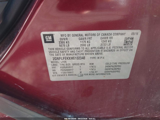 Aukcja sprzedaży 2017 Chevrolet Equinox Lt, vin: 2GNFLFEKXH6102348, numer aukcji: 46130349