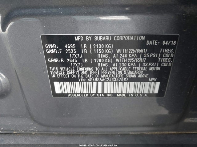 Aukcja sprzedaży 2018 Subaru Outback 2.5i, vin: 4S4BSAAC2J3357967, numer aukcji: 46130367