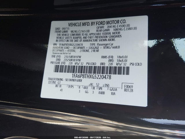 46130368 :رقم المزاد ، 1FA6P8THXG5220478 vin ، 2016 Ford Mustang Ecoboost مزاد بيع