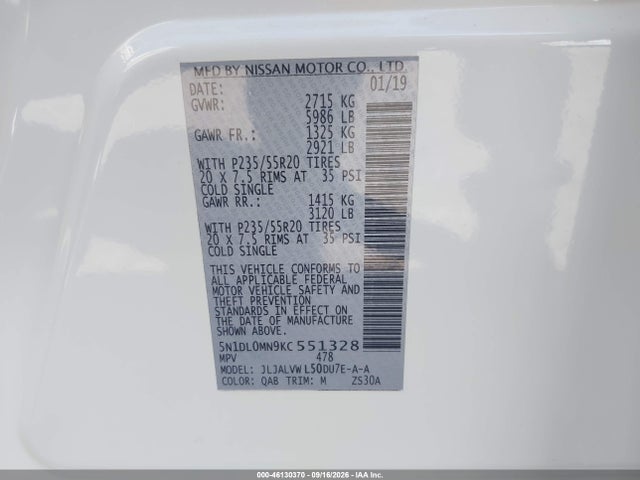 Aukcja sprzedaży 2019 Infiniti Qx60 Luxe, vin: 5N1DL0MN9KC551328, numer aukcji: 46130370