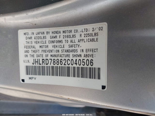46130380 :رقم المزاد ، JHLRD78862C040506 vin ، 2002 Honda Cr-v Ex مزاد بيع