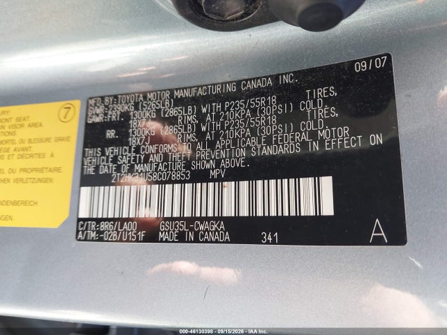 2008 Lexus Rx 350 მანქანა იყიდება აუქციონზე, vin: 2T2HK31U58C078853, აუქციონის ნომერი: 46130398