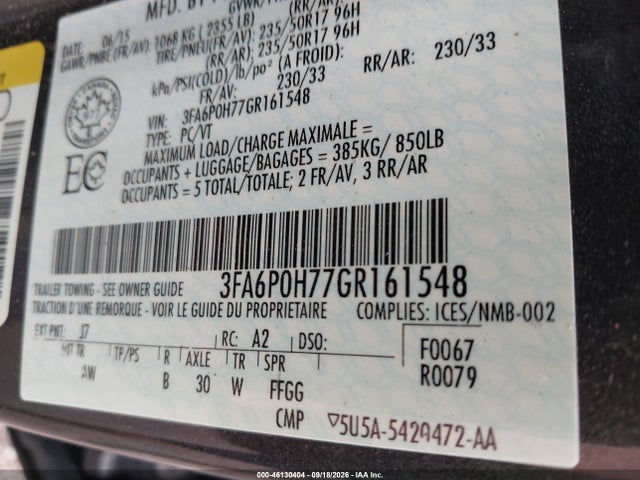 Aukcja sprzedaży 2016 Ford Fusion Se, vin: 3FA6P0H77GR161548, numer aukcji: 46130404