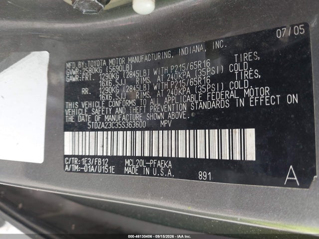 46130406 :رقم المزاد ، 5TDZA23C35S363600 vin ، 2005 Toyota Sienna Le مزاد بيع