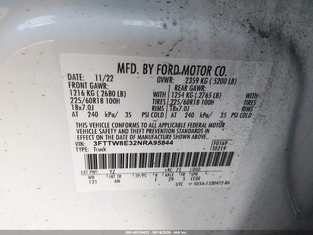 Aukcja sprzedaży 2022 Ford Maverick Lariat, vin: 3FTTW8E32NRA95844, numer aukcji: 46130422