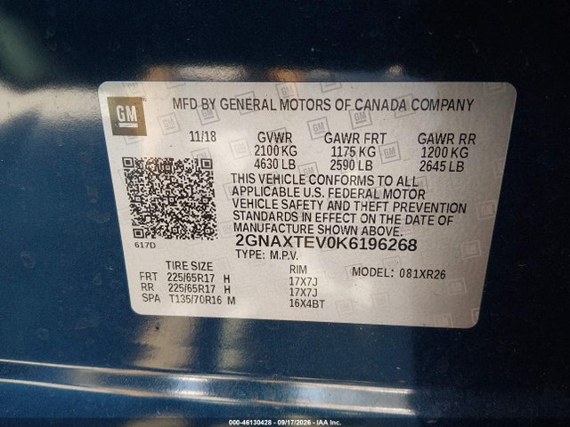 46130428 :رقم المزاد ، 2GNAXTEV0K6196268 vin ، 2019 Chevrolet Equinox Lt مزاد بيع