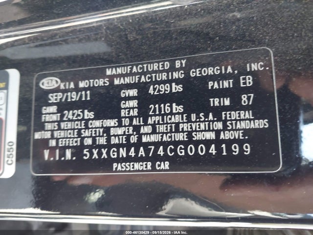46130429 :رقم المزاد ، 5XXGN4A74CG004199 vin ، 2012 Kia Optima Ex مزاد بيع