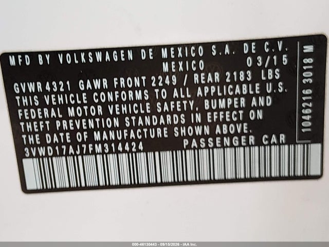 46130443 :رقم المزاد ، 3VWD17AJ7FM314424 vin ، 2015 Volkswagen Jetta 1.8t Se مزاد بيع