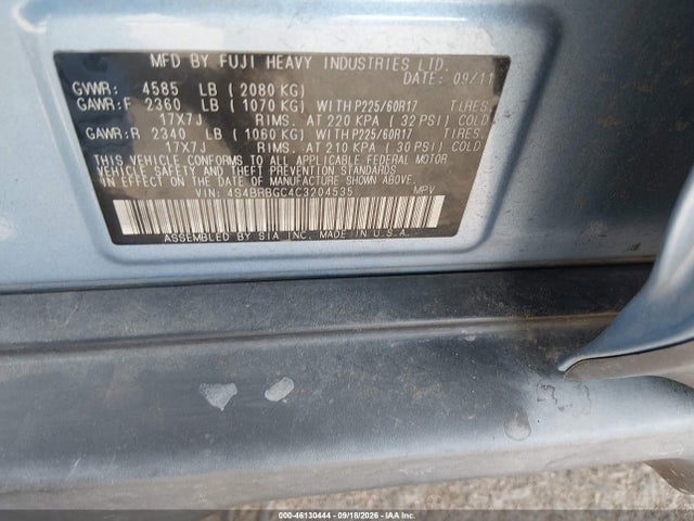 46130444 :رقم المزاد ، 4S4BRBGC4C3204535 vin ، 2012 Subaru Outback 2.5i Premium مزاد بيع