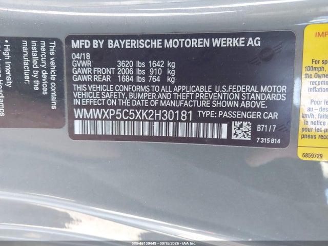 Aukcja sprzedaży 2019 Mini Hardtop Cooper, vin: WMWXP5C5XK2H30181, numer aukcji: 46130449
