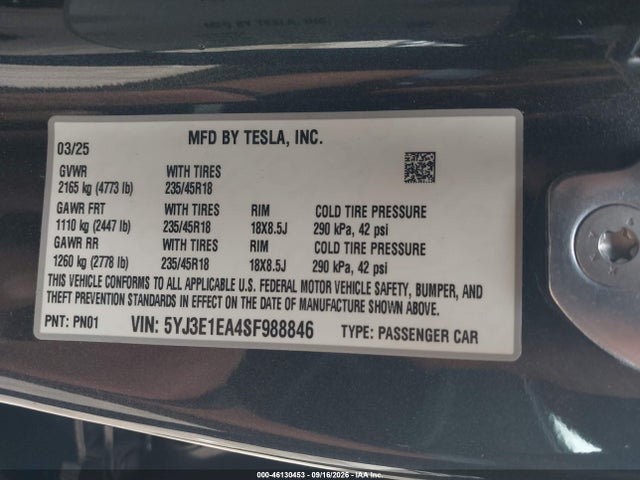 Tesla Model 3 Long Range Rear-wheel Drive/standard Rear-wheel Drive 2025 5YJ3E1EA4SF988846 Image 9