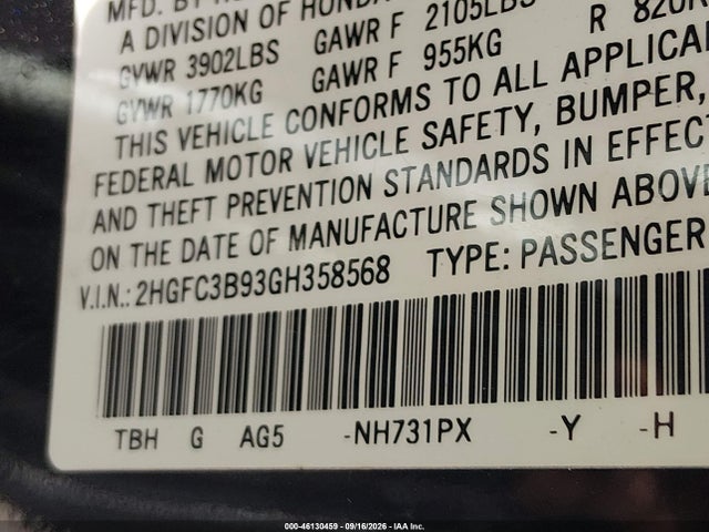 Honda Civic Touring 2016 2HGFC3B93GH358568 Image 9