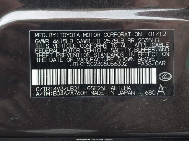 46130464 :رقم المزاد ، JTHCF5C23C5056302 vin ، 2012 Lexus Is 250 مزاد بيع