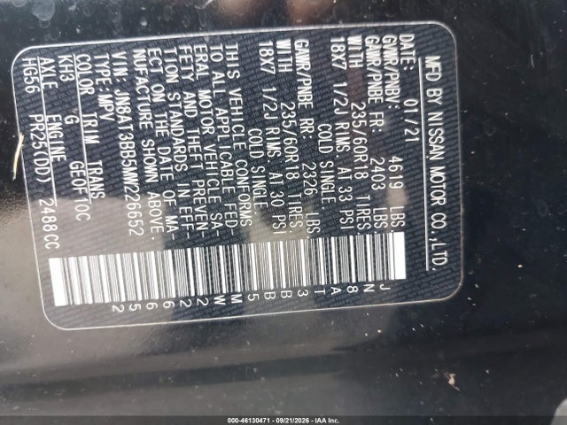 Auction sale of the 2021 Nissan Rogue Sv Intelligent Awd, vin: JN8AT3BB5MW226652, lot number: 46130471