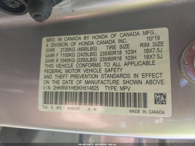 46130473 :رقم المزاد ، 2HKRW1H83KH514825 vin ، 2019 Honda Cr-v Ex-l مزاد بيع