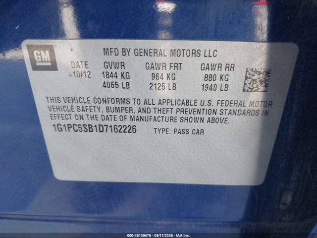 Aukcja sprzedaży 2013 Chevrolet Cruze 1lt Auto, vin: 1G1PC5SB1D7162226, numer aukcji: 46130476