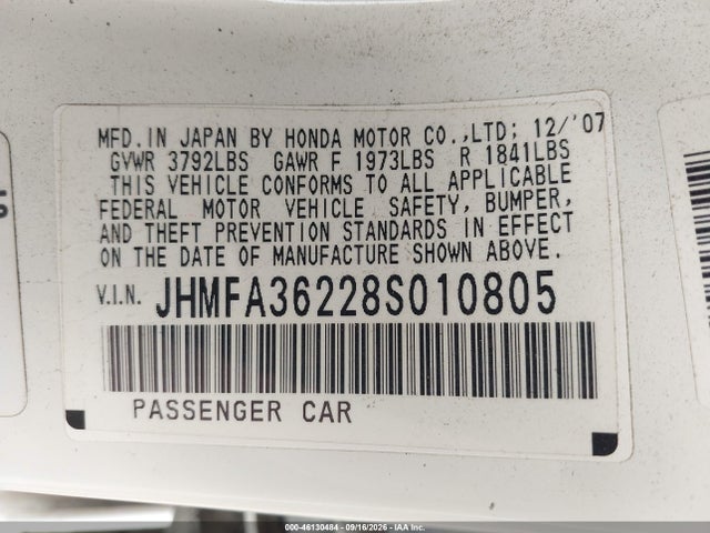 46130484 :رقم المزاد ، JHMFA36228S010805 vin ، 2008 Honda Civic Hybrid مزاد بيع