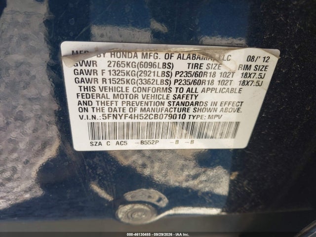 2012 Honda Pilot Ex-l მანქანა იყიდება აუქციონზე, vin: 5FNYF4H52CB079010, აუქციონის ნომერი: 46130485