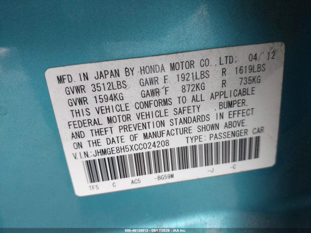 2012 Honda Fit Sport მანქანა იყიდება აუქციონზე, vin: JHMGE8H5XCC024208, აუქციონის ნომერი: 46130512