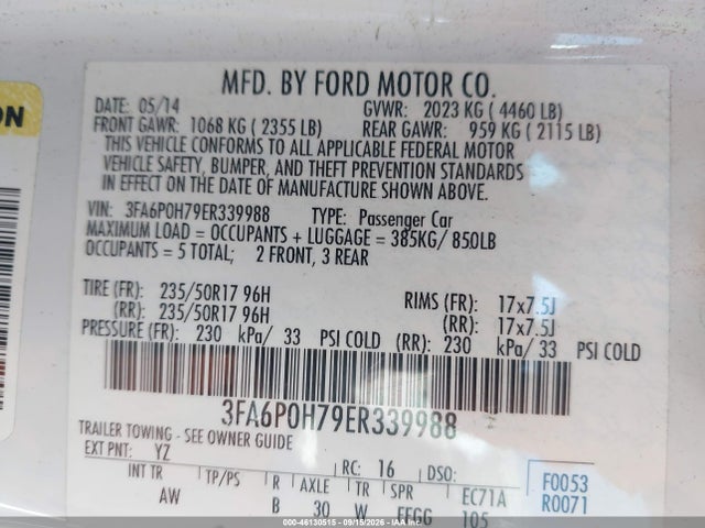 Ford FUSION SE 2014 3FA6P0H79ER339988 Image 9