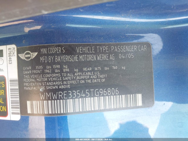 Продаж на аукціоні авто 2005 Mini Cooper S, vin: WMWRE33545TG96806, номер лоту: 46130526
