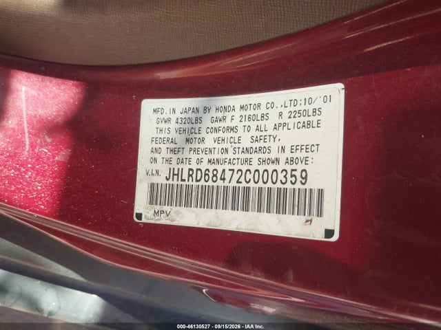 Aukcja sprzedaży 2002 Honda Cr-v Lx, vin: JHLRD68472C000359, numer aukcji: 46130527