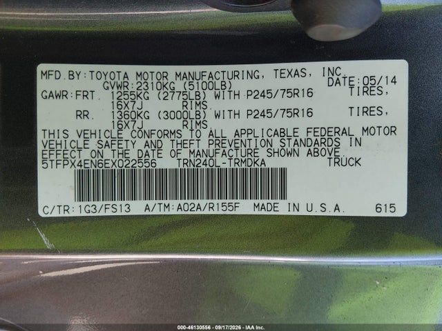 46130556 :رقم المزاد ، 5TFPX4EN6EX022556 vin ، 2014 Toyota Tacoma مزاد بيع
