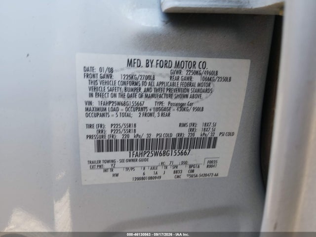 2008 Ford Taurus Limited მანქანა იყიდება აუქციონზე, vin: 1FAHP25W68G155667, აუქციონის ნომერი: 46130563