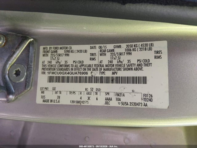 Aukcja sprzedaży 2016 Ford Escape Se, vin: 1FMCU0GX4GUA76906, numer aukcji: 46130573