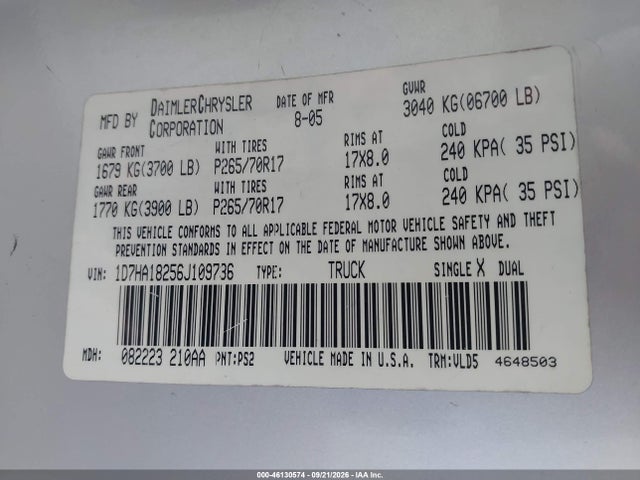 Продаж на аукціоні авто 2006 Dodge Ram 1500 Laramie, vin: 1D7HA18256J109736, номер лоту: 46130574