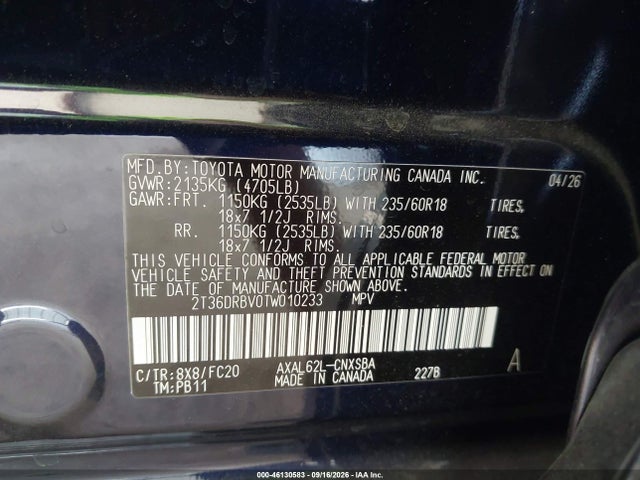 46130583 :رقم المزاد ، 2T36DRBV0TW010233 vin ، 2026 Toyota Rav4 Se مزاد بيع