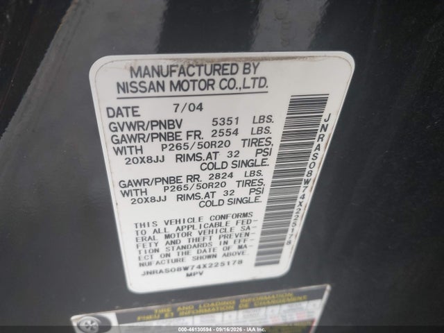 46130594 :رقم المزاد ، JNRAS08W74X225178 vin ، 2004 Infiniti Fx35 مزاد بيع