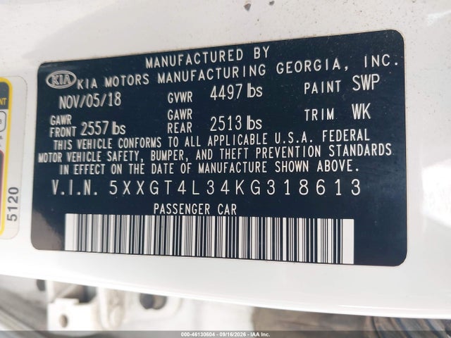 2019 Kia Optima Lx მანქანა იყიდება აუქციონზე, vin: 5XXGT4L34KG318613, აუქციონის ნომერი: 46130604