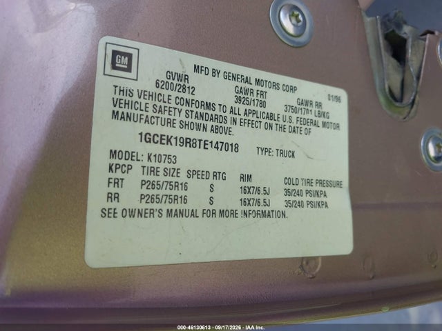 Aukcja sprzedaży 1996 Chevrolet Gmt-400 K1500, vin: 1GCEK19R8TE147018, numer aukcji: 46130613