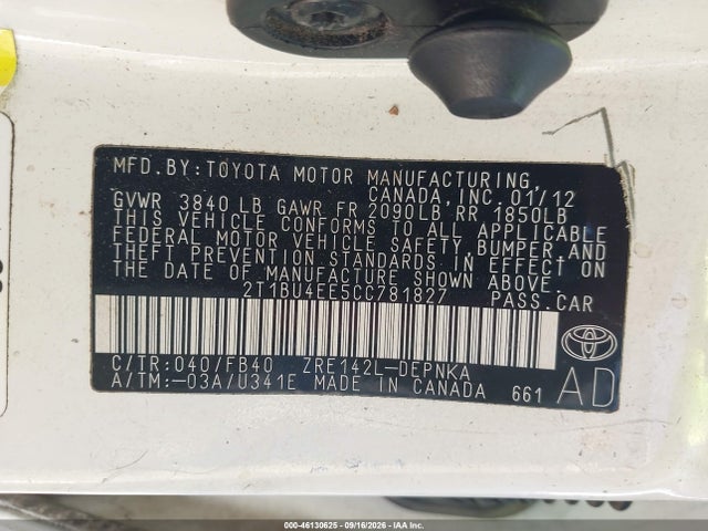 46130625 :رقم المزاد ، 2T1BU4EE5CC781827 vin ، 2012 Toyota Corolla Le مزاد بيع