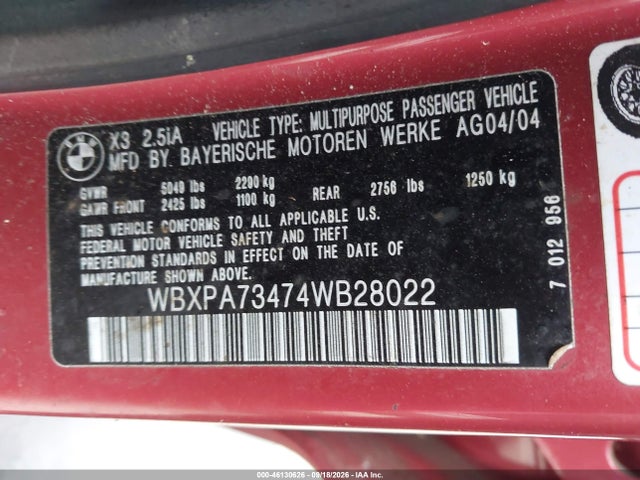 46130626 :رقم المزاد ، WBXPA73474WB28022 vin ، 2004 Bmw X3 2.5i مزاد بيع