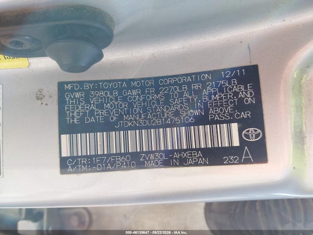 Aukcja sprzedaży 2011 Toyota Prius Two, vin: JTDKN3DU2B1475106, numer aukcji: 46130647