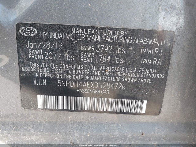 46130643 :رقم المزاد ، 5NPDH4AEXDH284726 vin ، 2013 Hyundai Elantra Limited مزاد بيع