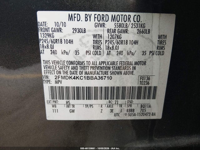 Auction sale of the 2011 Ford Edge Limited, vin: 2FMDK4KC1BBA36710, lot number: 46130661