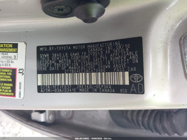 46130662 :رقم المزاد ، 2T1BU4EE2AC470966 vin ، 2010 Toyota Corolla S مزاد بيع