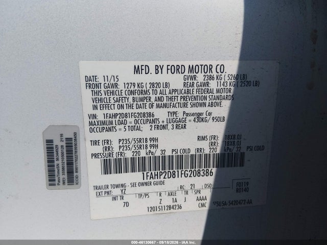 Продаж на аукціоні авто 2015 Ford Taurus Se, vin: 1FAHP2D81FG208386, номер лоту: 46130667
