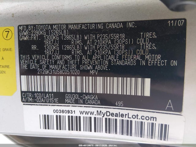 Aukcja sprzedaży 2008 Lexus Rx 350, vin: 2T2GK31U58C051020, numer aukcji: 46130675